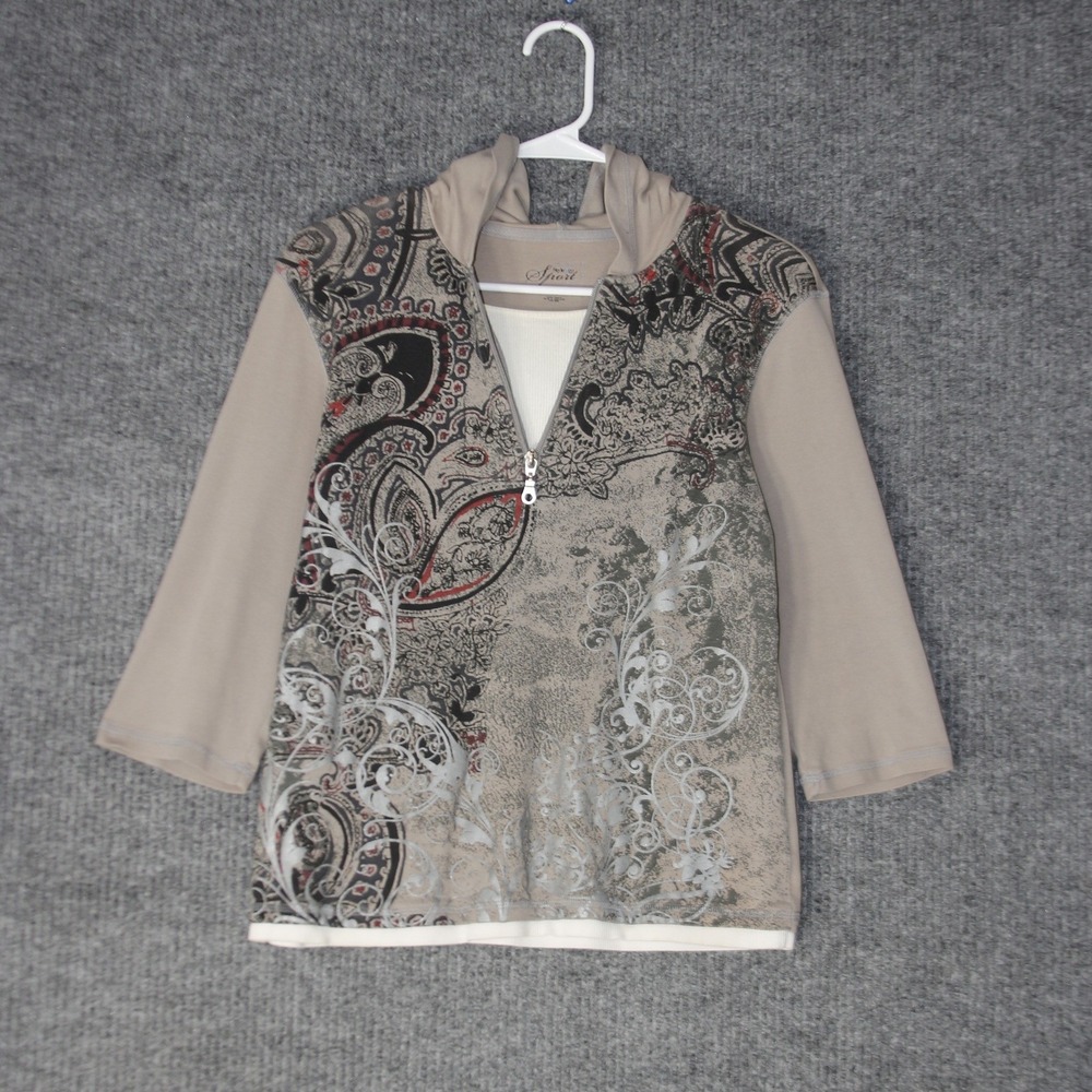 Y2K Grunge Hoodie Womens PL Tan Paisley Quarter Zip 3/4 Sleeve Top Fleur de Lis